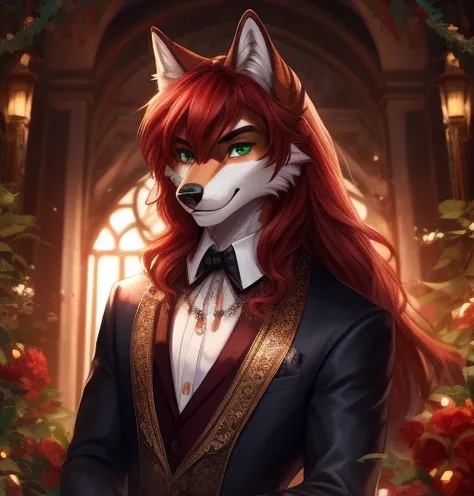 a redheaded man with green eyes, long hair, male, Big boy, man, looking at the viewer with a smile, wearing elegant clothing, with wolf ears and a fluffy red wolf tail, full body, detailed face,extremely detailed eyes and face,longeyelashes,detailed clothi...