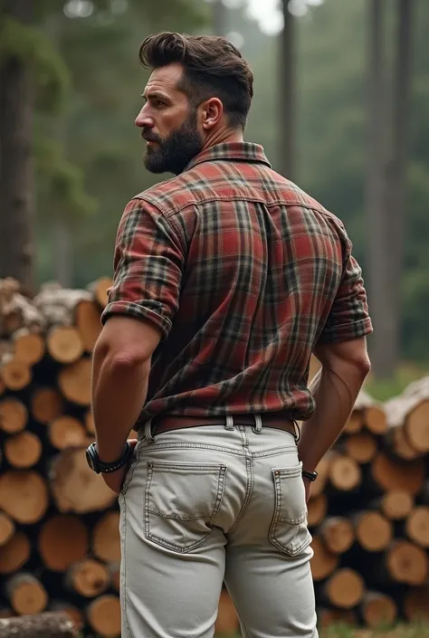 Richard Gere, one man 30 years old, wild muscular, short beard, burly, hunk, detailed, lovely, ((full body)),  (((white jeans))) (((Big Bubble butt)))(((backside))) de perfil nalgon, checked shirt, plaid shirt, lumberjack included splitting firewood backsi...