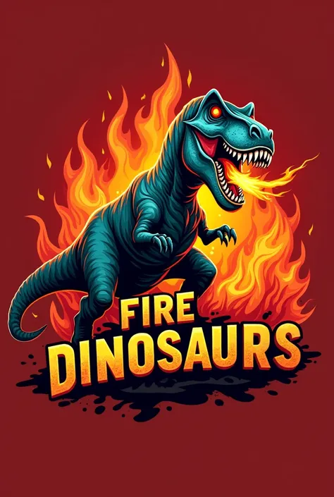 Red fire department logo with dinosaur in the background saying Firefighters 
