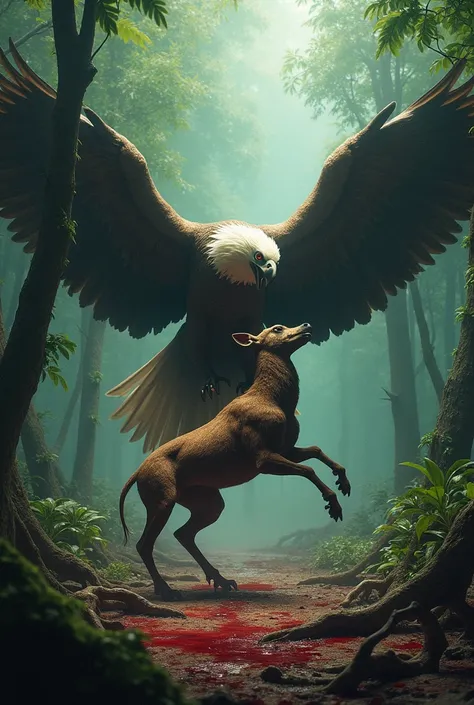 Big eagle AND deer FACE OF IN AMAZON JUNGULE WITH BLOODY GROUND AND SKELTON FALL ALL AROUND MYSTRE PLACE AND DARK