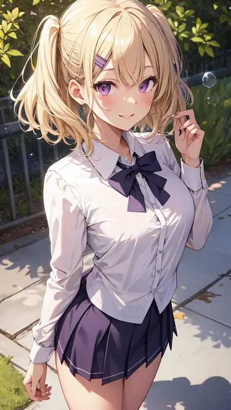 [[[ ultra-detailed, best quality, soft skin, beautiful face, masterpiece, close-up, modern setting, anime]]], short hairstyle, blonde hair, lilac eyes, bubbly, smiling, confident, school uniform, stage, dynamic angle, hairpins, slim body, university garden...