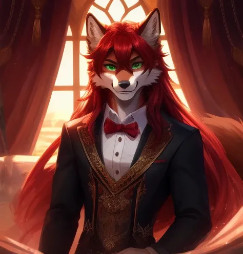 a redheaded man with green eyes, long hair, male, Big boy, man, looking at the viewer with a smile, wearing elegant clothing, with wolf ears and a fluffy red wolf tail, full body, detailed face,extremely detailed eyes and face,longeyelashes,detailed clothi...