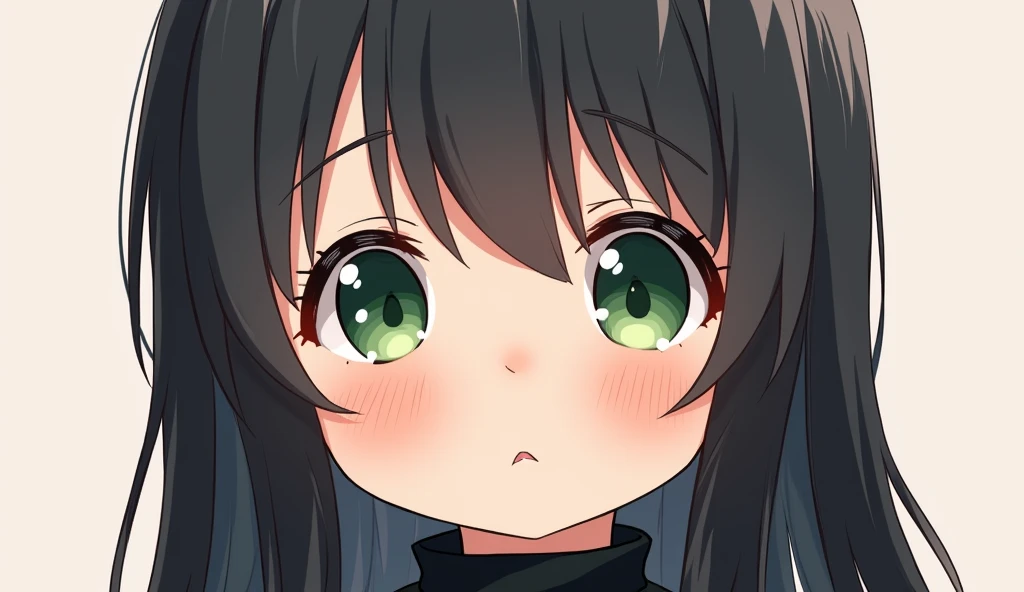 1girl, headshot, icon, close up face, green eyes, black long hair, funny, thinking, brainlag, emote, cute, chibi, chibi style art, black highneck shirt, high res, ultrasharp, masterpiece, looking at viewer, front view, slight angle