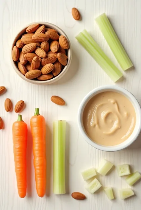 A handful of almonds. 

Baby carrots or celery with hummus View from above