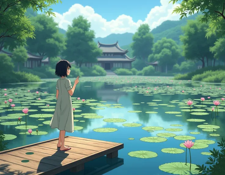 Great anime movies, many, many lilies, Ren Gyoda, 1 girl, standing on a wooden pier, Pointing to a lotus flower, Turn to me and smile, Talk to us, Pond water surface, Pond line, Casual dresses, short hair, black hair, late adolescence, Ancient Lotus Villag...