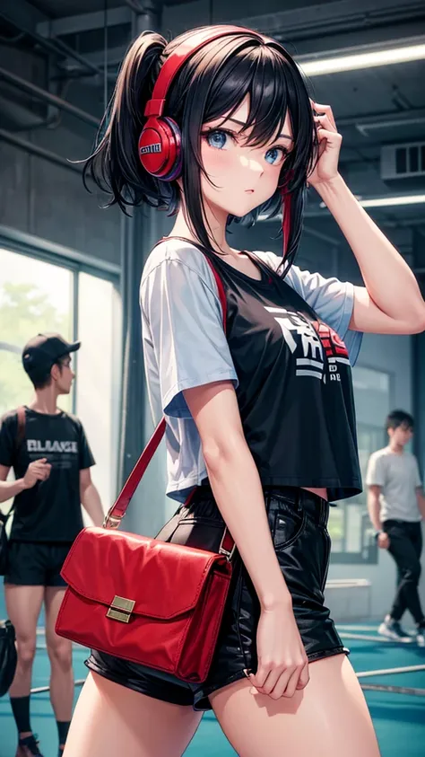 Female professional wrestler。Slender。Short black hair。Put on headphones、Baggy blue T-shirt and shorts。Black tights and big black sneakers。Carrying a red bag。