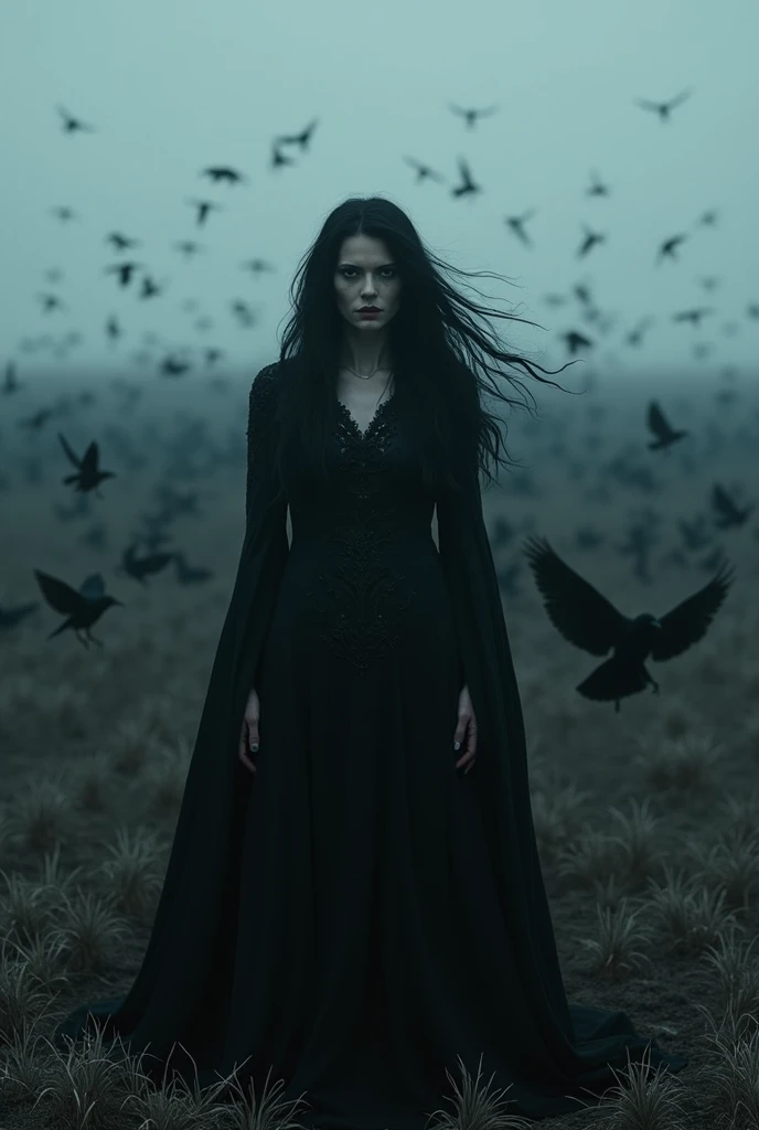 Silvia Pacheco as godess morrigan in a crow field, mystic light, creepy, eerie