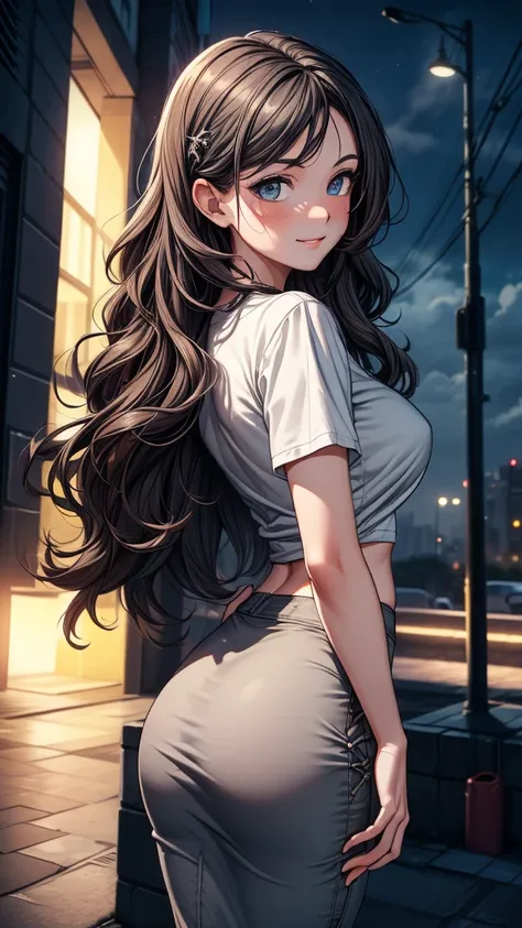 ((((masterpiece, best quality, high detail)))), beautiful woman facing forward, bright blue eyes, shy, full-face blush, smile, solo focus,, long ((wavy hair)), ((dark brown hair)), hairpin, ((white t-shirt tied)), ((gray midi pencil ((skirt)))), (((long gr...