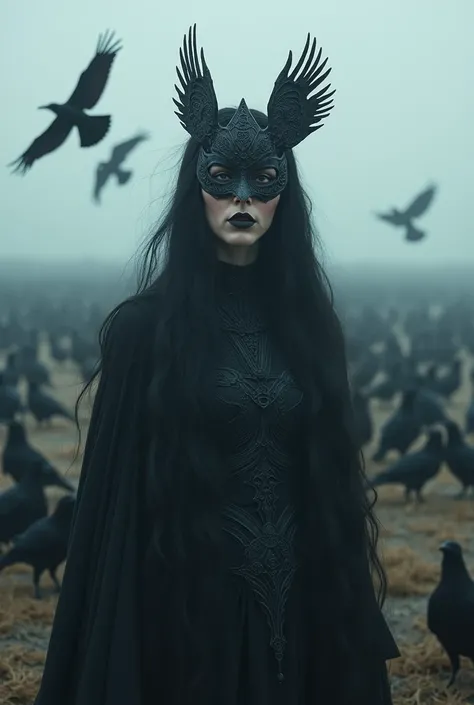 Silvia Pacheco with mask as goddess morrigan in a crow field, mystic light, creepy, eerie