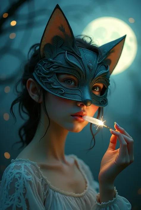 A girl with a cat mask under the moonlight (something like cat love) with chewing gum in hand
