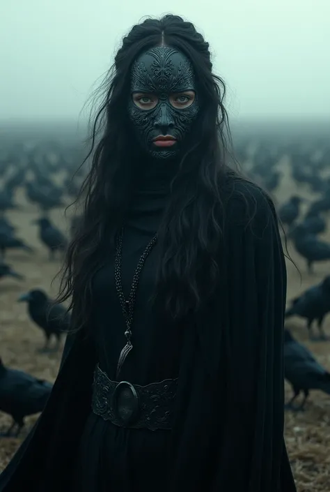 Silvia Pacheco with mask as goddess morrigan in a crow field, mystic light, creepy, eerie