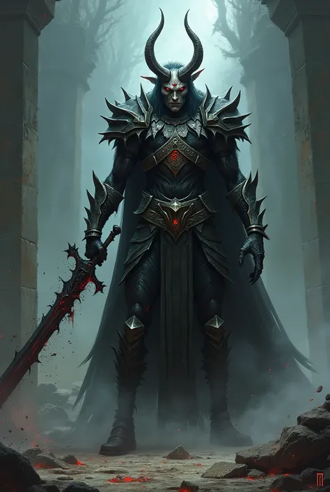 Create a detailed 2D character of Malgorath, the Lord of Shadows, a dark and powerful villain from a fantasy game. He must have a menacing presence, with ornate, weathered dark armor emanating an evil energy. Malgorath has a partially corrupted appearance,...