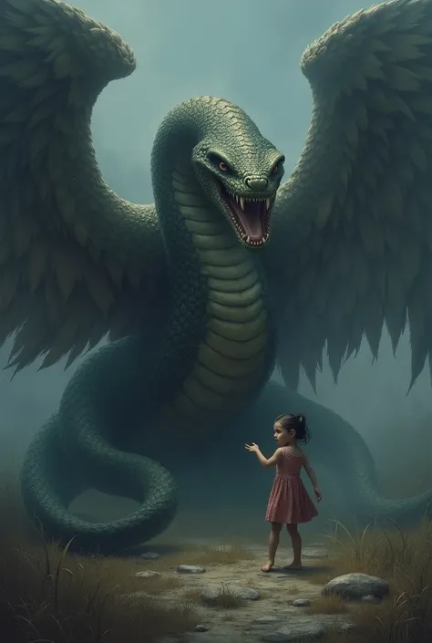 1 big snake with wings sad imotion to protect a girl