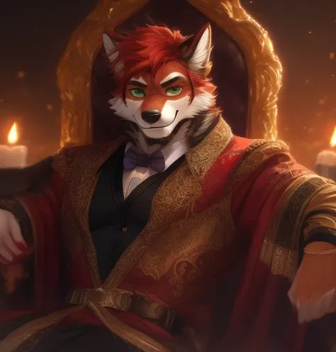 A redheaded man with green eyes, of sturdy and masculine build, stands looking at the viewer with a warm smile. He is dressed in elegant attire that accentuates his figure, complemented by wolf ears and a fluffy red wolf tail that adds a unique touch to hi...