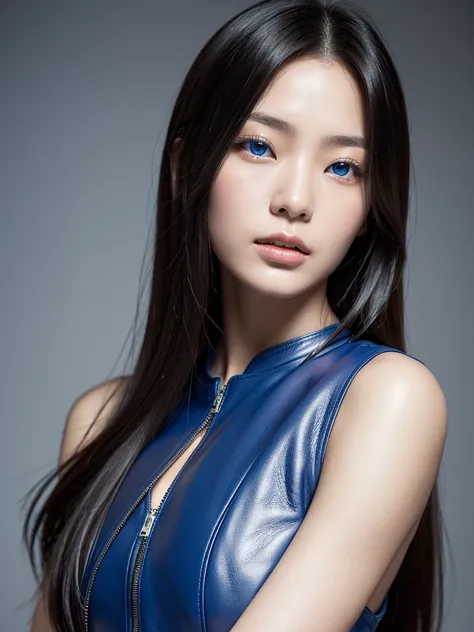 Asian girl from South Korea, Blue eyes, long hair, abundant hair, black hair, slim, beautiful, rockstar, textured leather, UHD, very detailed, quality, Details altos, HD model, Detail, The best quality, Awarded many times, anatomically correct, necessary, ...