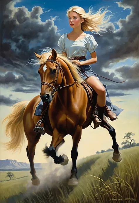 A teenager blonde hair girl, riding a horse, in a praire , wears a top and a mini, inspired by Bob Byerley, mystical oil on linen, dark fantasy oil painting, by Genevieve Springston Lynch, inspired by Fritz von Dardel, by Edward Corbett, inspired by Mort K...