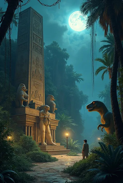 Ancient Egypt in forest with animals and dinosaurs inside in night 