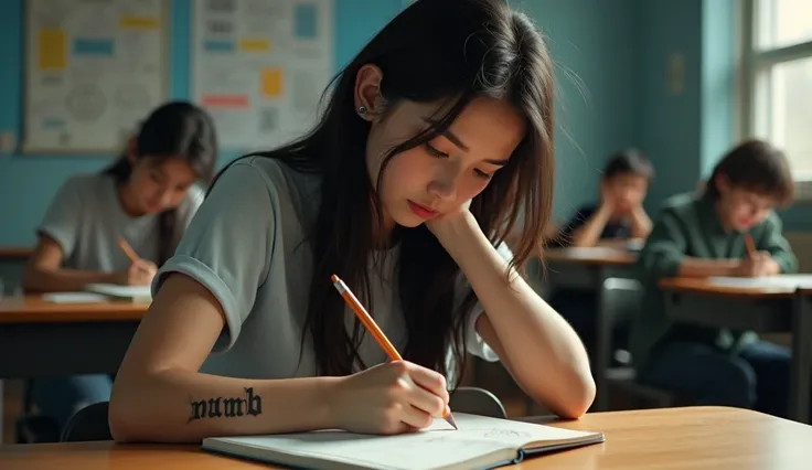 A woman in a classroom drawing in her notebook. On her arm, a tattoo with the letters "N U M B"