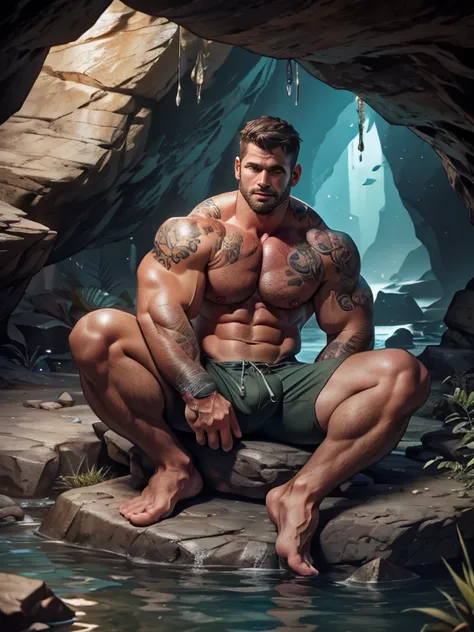 handsome and muscular man, strong arms, sitting on a rock, cave explorer, diving shorts, bare chest, tattooed, big bump, deep an...