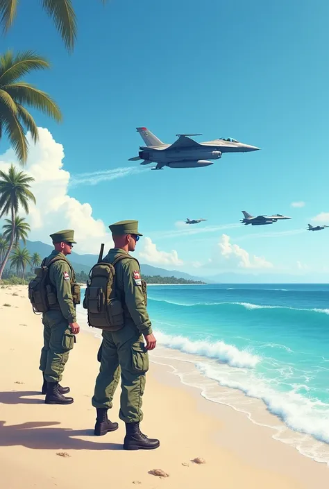 
A picture of soldiers in uniform on vacation on the beach
and fighter jets in the air