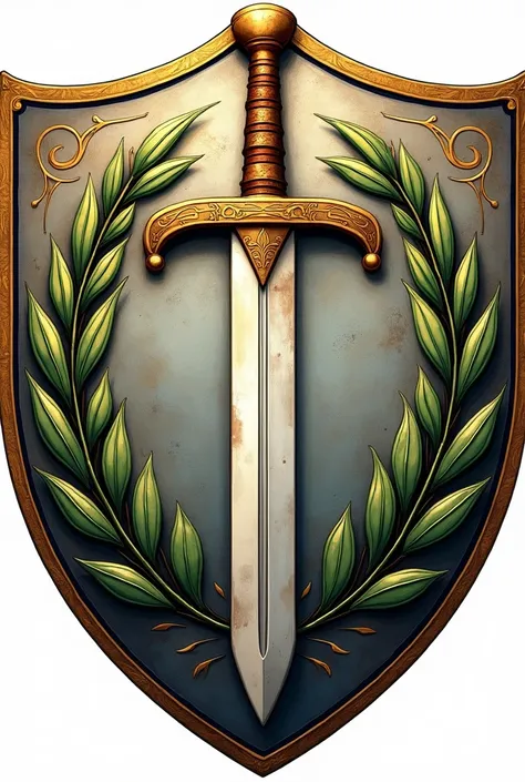 A coat of arms and inside the shield there is a figure of a sword surrounded by olive leaves.