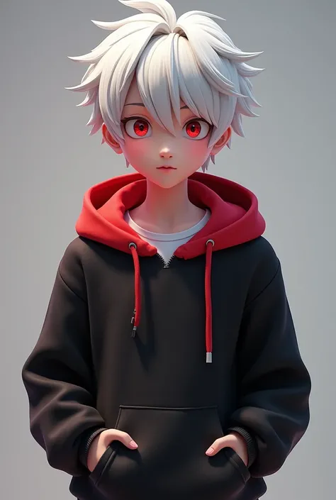 An animated vtuber character male with white hair and red, with a black sweater with a red hood , blue eyed facing the screen 