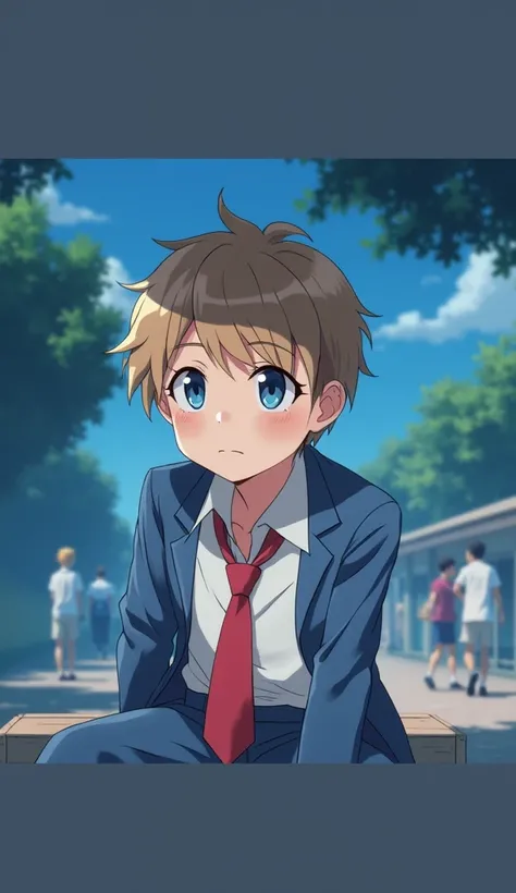 Boy with light brown hair, blue eyes, Brazilian school uniform consisting of a blue suit, white dress shirt and red tie; he is sitting thoughtfully on a bench in the schoolyard. The sky is clear, but with some clouds in the background, and other students t...