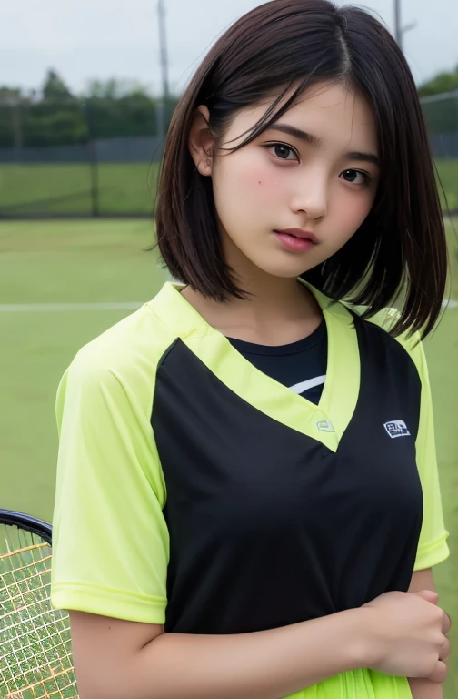 Browsing Caution,Best Quality,Ultra-high resolution,1 person,whole body,Black Hair, Cool look,Looking into the camera,Beautiful and exquisite face,Fine and beautiful skin,Skin Texture,Junior high school students,Rain-soaked tennis clothes,Small breasts,(((...