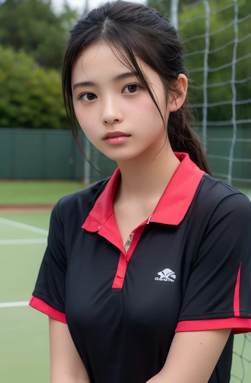 Browsing Caution,Best Quality,Ultra-high resolution,1 person,whole body,Black Hair, Cool look,Looking into the camera,Beautiful and exquisite face,Fine and beautiful skin,Skin Texture,Junior high school students,Rain-soaked tennis clothes,Small breasts,(((...