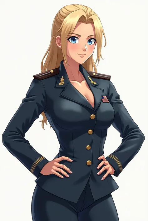 blonde, blue-eyed, broad shoulders, small breasts. a girl in a military uniform with her hands on her waist. coat fully unbuttoned, shirt fully unbuttoned, views(show) breast1.6, full height1,6