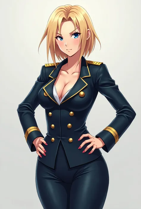 blonde, blue-eyed, broad shoulders, small breasts. a girl in a military uniform with her hands on her waist. coat fully unbuttoned, shirt fully unbuttoned, views(show) breast1.6, full height1,6