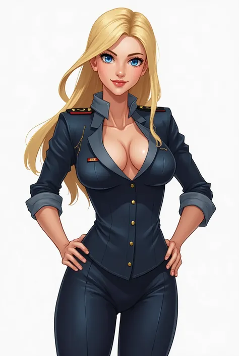 blonde, blue-eyed, broad shoulders, small breasts. a girl in a military uniform with her hands on her waist. coat fully unbuttoned, shirt fully unbuttoned, views(show) breast1.6, full height1,6