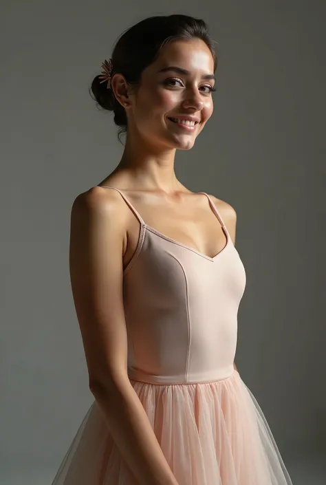 Fashion model photography, Ballet Dress, Strong design sense, Medium Shot, South Italian girl, short hair, hair accessory, Delicate skin, smile, Simple Background, High quality texture, Glare Backlight, Professional Studio Lighting