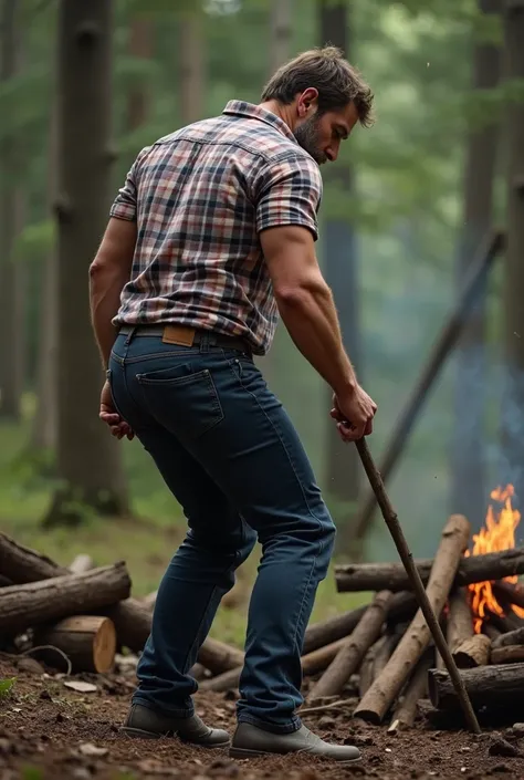 Richard Gere, one man 30 years old, wild muscular, short beard, burly, hunk, detailed, lovely, ((full body)), dark shirt (((white jeans))) (((Big Bubble butt)))(((backside))) de perfil nalgon, plaid shirt, crouched collecting firewood, bent over backside 