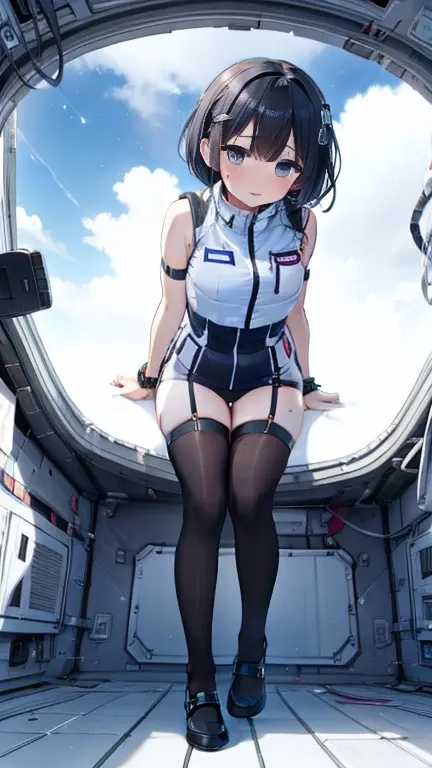 (Best Quality), (masterpiece), 1080P, High resolution, 4K, 8k, Inside the space station、Futuristic room、Thigh straps, Shooting from directly below, The woman on top of me, 白いsweat, Covered , sweat, Woman looking down, Skirt swimsuit, Thigh-high socks, To a...