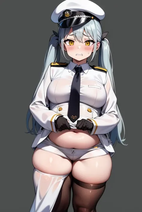 1girl, long hair, blush, simple background, hat, twintails, standing, yellow eyes, hetero, censored, multiple boys, necktie, solo focus, black thighhighs, 2boys, grey background, mosaic censoring, aqua hair, skindentation, white headwear, military uniform,...