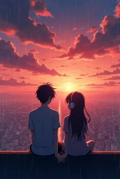 An anime boy and girl sits atop a rooftop, overlooking a vast cityscape bathed in the warm hues of a setting sun. The sky is a vibrant canvas of red, blue , orange, pink, and purple, streaked with wisps of cloudy sky and raining. The girl wears headphones,...