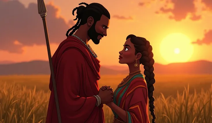 A Maasai warrior, tall and muscular, dressed in a red shuka, holding a spear. And a beautiful African brown girl with braided hair  and tied  a Pony tail with traditional beaded necklaces and colorful robes meet in a hidden spot, with tall grass surroundin...