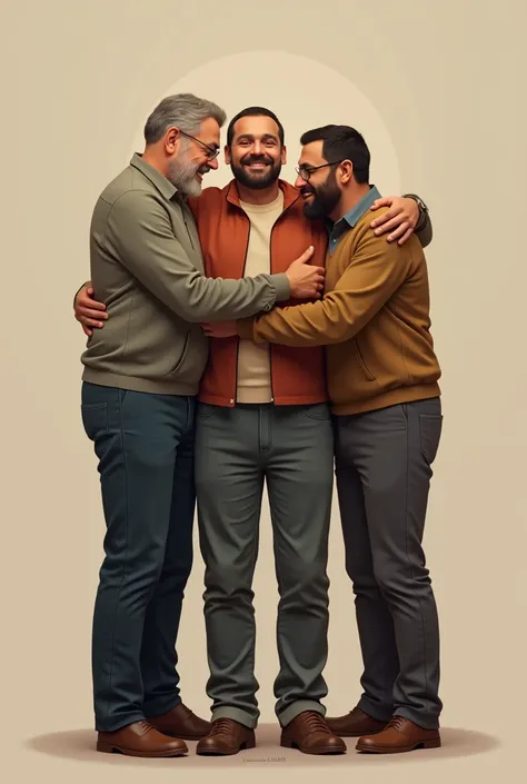 Three men stand with their arms around each other.