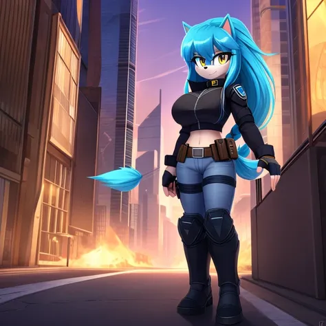 (1girl), (solo), Female Hedgehog, aqua long hair, aqua fur, aqua hair, long hair, hair down, fringe_trim styled hair bangs,one single braid tail,yellow eyes, large breasts,perfect female shape,average tall girl,tactical black jacket, open jacket,elbow armo...