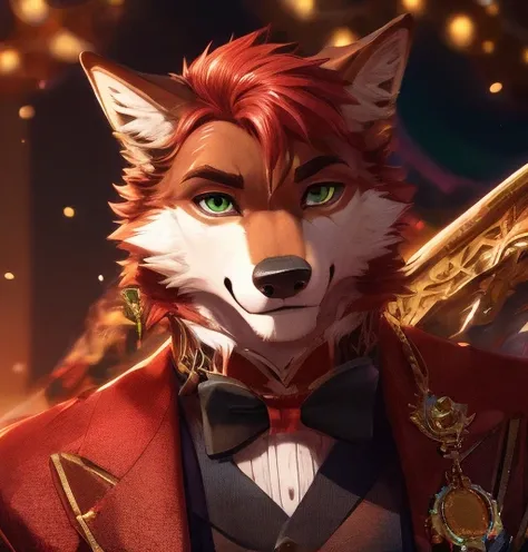 A red-haired man with green eyes., of robust and masculine build, He stands looking at the viewer with a warm smile. He is dressed in an elegant outfit that accentuates his figure., complemented by wolf ears and a fluffy red wolf tail that adds a unique to...