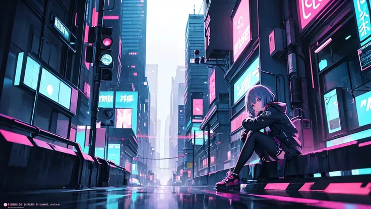 Anime girl sitting on the ground in the night city, Cyril Rowland-inspired cyberpunk art, Pixiv contest winners, Digital Art, Lofiatostyle, lofi girl, anime atmosphere, Lofiato, anime aesthetics, lofi girl aesthetic, Lo-fi atmosphere, lo fi art, lo-fi illu...