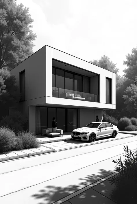 Generate a frontal perspective with two vanishing points of a cabin that has a rectangular car nearby on the street and some square furniture on the terrace with a silhouette of a human figure and a bit of vegetation. The entire perspective is in black and...