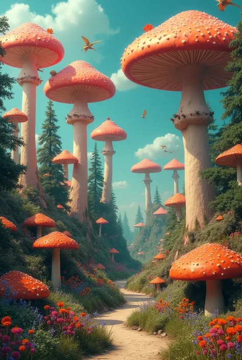 Surreal background: tiny trees, huge flowers and mushrooms, all different colors, unusual elements