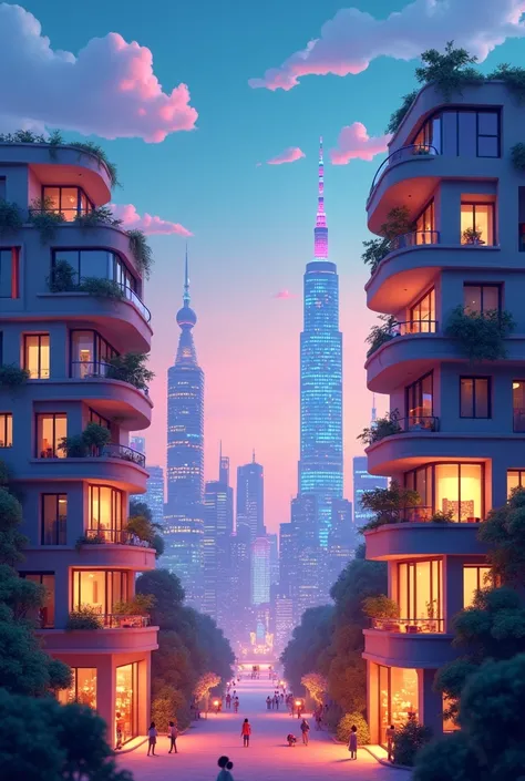 3D cartoon style, dynamic modern Shanghai cityscape at dusk, towering skyscrapers glimmering with vibrant neon lights reflecting the eclectic energy of the metropolis, lush animated features exuding playful life and excitement, foreground showcases a beaut...