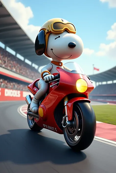 Snoopy，Race a Class 1 motorcycle on the racing track