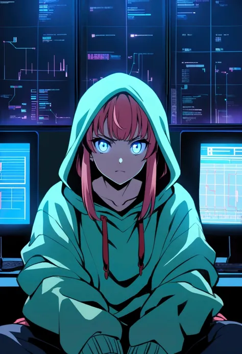 A young hacker in anime style, with long, colored hair, wearing an oversized sweatshirt with a hood. She is sitting in front of multiple computer screens showing codes and graphs.. The environment is dark, illuminated only by the light from the screens, an...