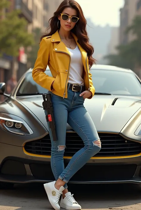 Belle (princesse disney), Belle porte une veste en cuir jaune, un jean bleu, des baskets blanches, elle porte des lunettes de soleil ray-ban, elle a un pistolet rangé dans son étuis accrocher à sa ceinture (realiste), elle est adossée à une voiture de luxe...