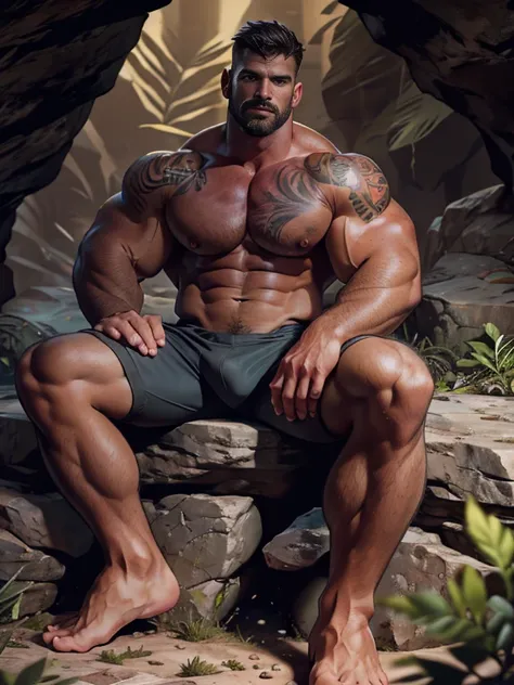 Handsome and muscular man, strong arms, sitting on a rock, cave explorer, diving shorts, bare chest, tattooed, large and heavy lump, deep and dark cave, shadows, darkness