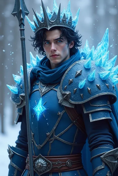 A young man of at least 2, Her hair is black and wavy and she also has a midpart hairstyle., He has a navy blue plate armor and a metal spear., His complexion is white and his eyes are blue, He has a crown of spikes and possesses ice abilities., The armor ...